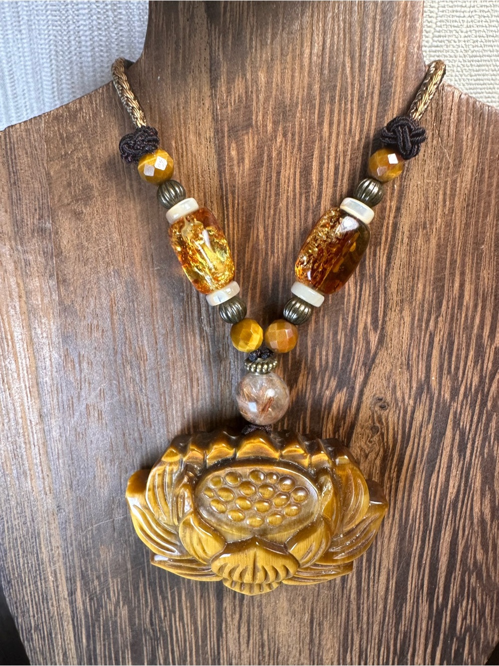 Tiger’s Eye Lotus Pendant Necklace with Golden Rutile and Amber on Rope - Picture 12 of 16